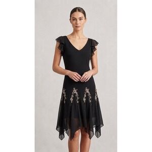Vintage 90s Y2K Cocktail Black Evening Dress Embroidered Fairy Hanky Hem Sz 14